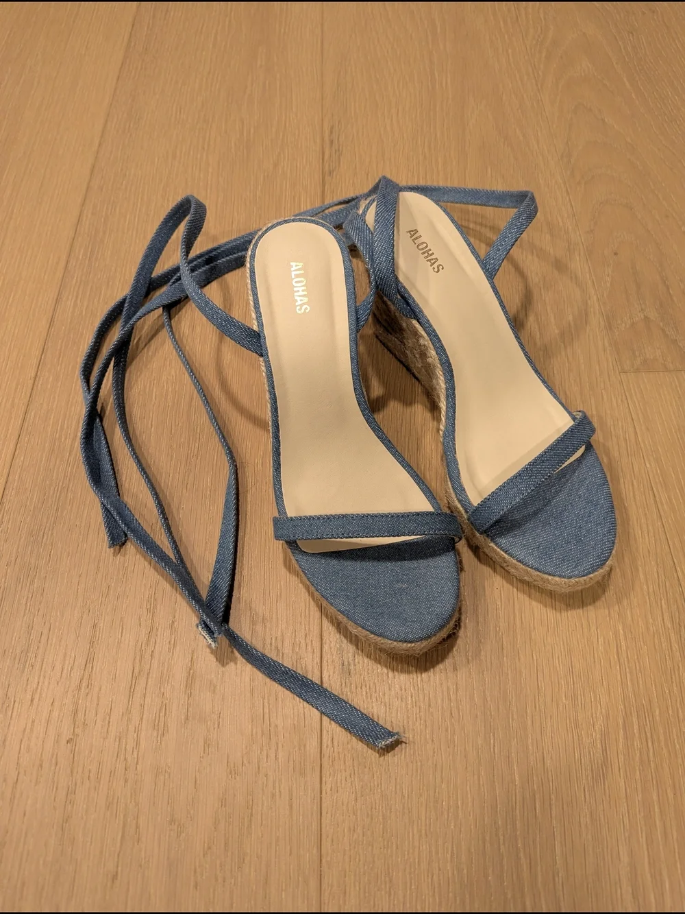 ALOHAS Blue Denim Wedge Espadrille Sandals with Lace-Up Ankle Tie